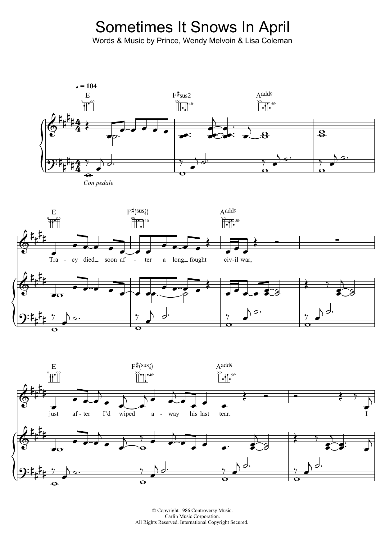 Prince Sometimes It Snows In April sheet music notes and chords. Download Printable PDF.