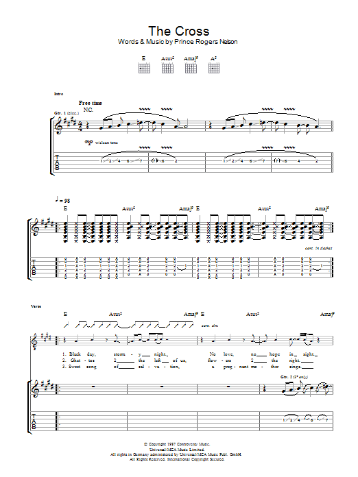 Learn to play Prince The Cross sheet music for Guitar Tab in minutes. Price: 7.8900$ Prince The Cross sheet music notes and chords arranged for Guitar Tab