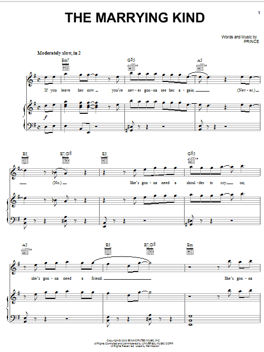 Learn to play Prince The Marrying Kind sheet music for Piano, Vocal & Guitar Chords (Right-Hand Melody) in minutes. Price: 7.8900$ Prince The Marrying Kind sheet music notes and chords arranged for Piano, Vocal & Guitar Chords (Right-Hand Melody)