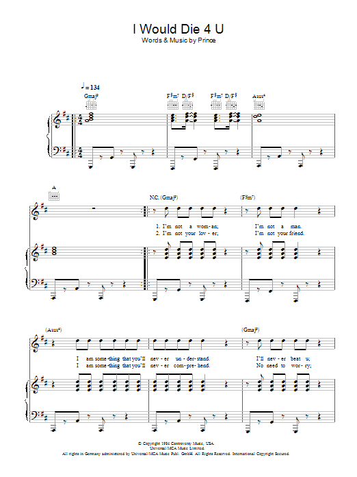 Learn to play Prince & The Revolution I Would Die 4 U sheet music for Piano, Vocal & Guitar Chords in minutes. Price: 7.8900$ Prince & The Revolution I Would Die 4 U sheet music notes and chords arranged for Piano, Vocal & Guitar Chords