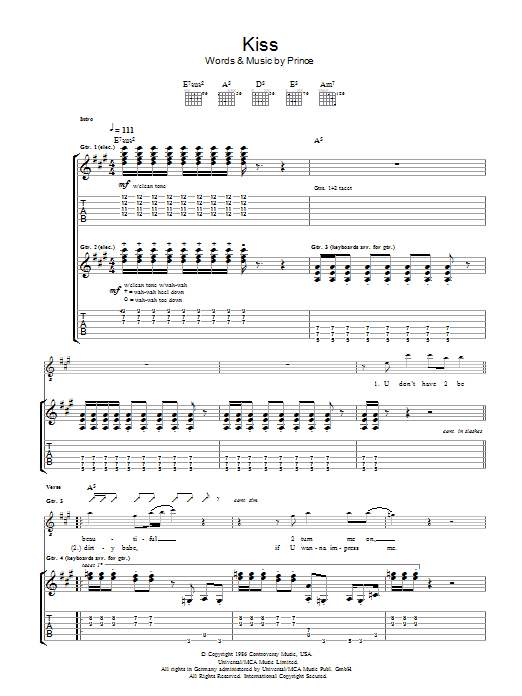 Learn to play Prince Kiss sheet music for Guitar Tab in minutes. Price: 7.8900$ Prince Kiss sheet music notes and chords arranged for Guitar Tab