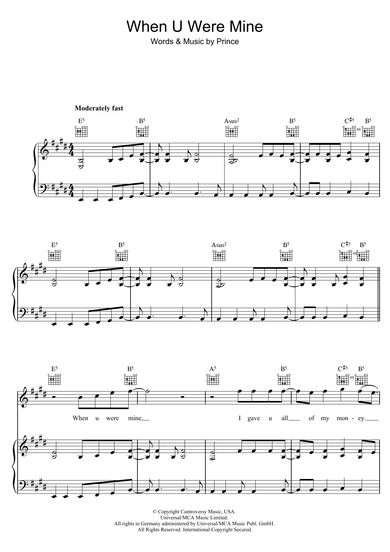 Learn to play Prince When U Were Mine sheet music for Piano, Vocal & Guitar Chords in minutes. Price: 7.8900$ Prince When U Were Mine sheet music notes and chords arranged for Piano, Vocal & Guitar Chords