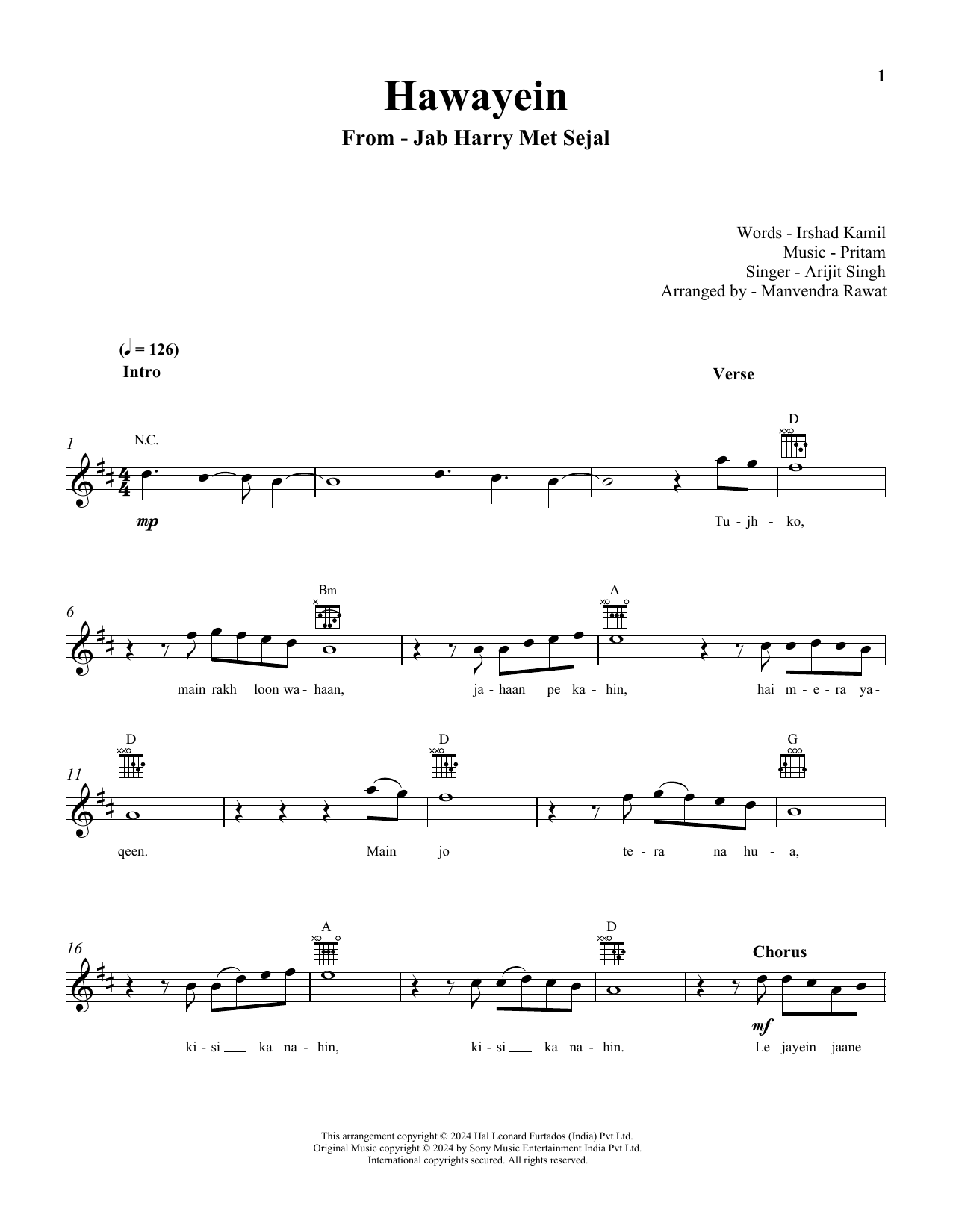 Pritam and Arijit Singh Hawayein (from Jab Harry Met Sejal) sheet music notes and chords. Download Printable PDF.