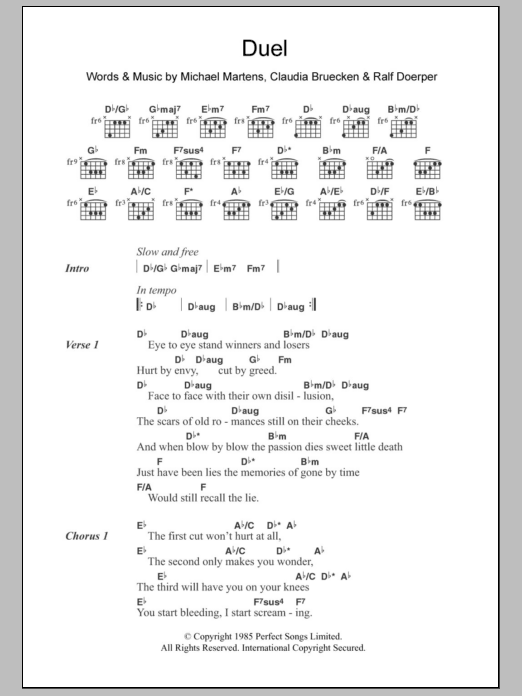 Learn to play Propaganda Duel sheet music for Guitar Chords/Lyrics in minutes. Price: 4.4900$ Propaganda Duel sheet music notes and chords arranged for Guitar Chords/Lyrics
