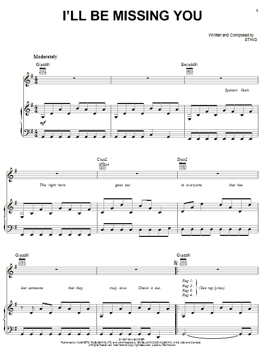 Learn to play Puff Daddy & Faith Evans (featuring 112) I'll Be Missing You sheet music for Piano, Vocal & Guitar Chords (Right-Hand Melody) in minutes. Price: 7.8900$ Puff Daddy & Faith Evans (featuring 112) I'll Be Missing You sheet music notes and chords arranged for Piano, Vocal & Guitar Chords (Right-Hand Melody)