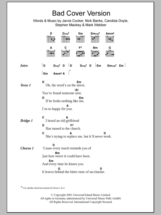 Pulp Bad Cover Version sheet music notes and chords. Download Printable PDF.