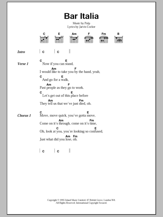 Pulp Bar Italia sheet music notes and chords. Download Printable PDF.