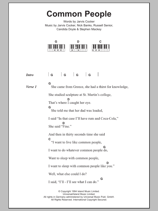 Pulp Common People sheet music notes and chords arranged for Piano, Vocal & Guitar Chords (Right-Hand Melody)