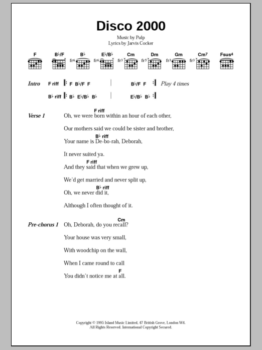 Pulp Disco 2000 sheet music notes and chords. Download Printable PDF.