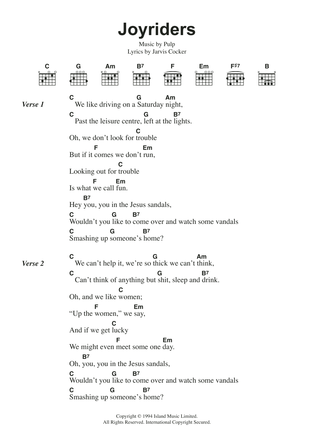 Pulp Joyriders sheet music notes and chords. Download Printable PDF.