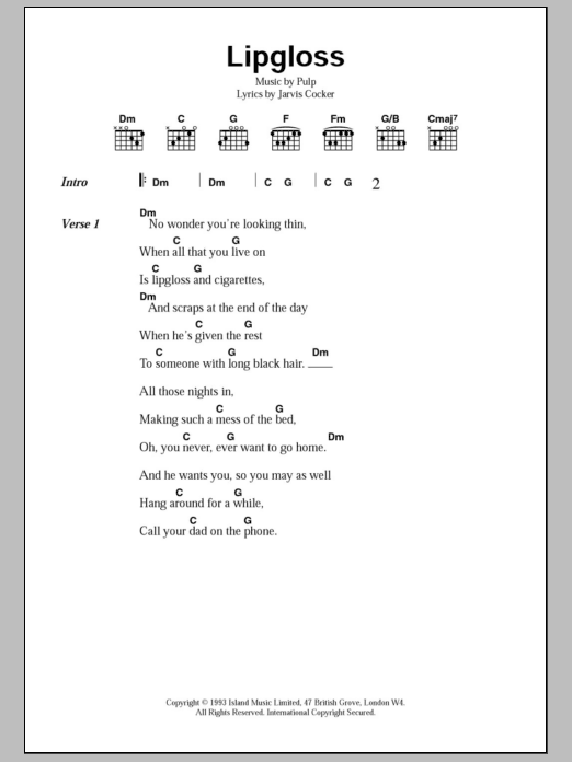 Pulp Lipgloss sheet music notes and chords. Download Printable PDF.