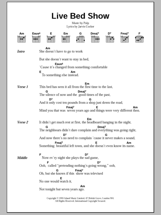 Pulp Live Bed Show sheet music notes and chords. Download Printable PDF.