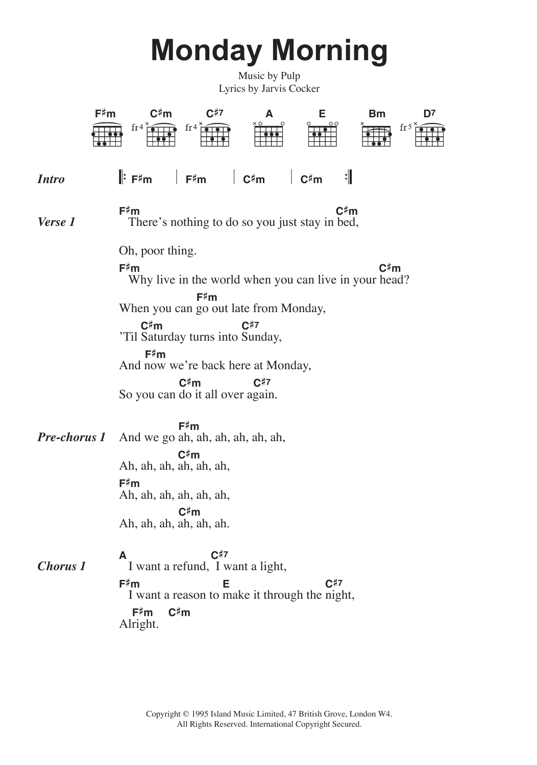 Pulp Monday Morning sheet music notes and chords. Download Printable PDF.