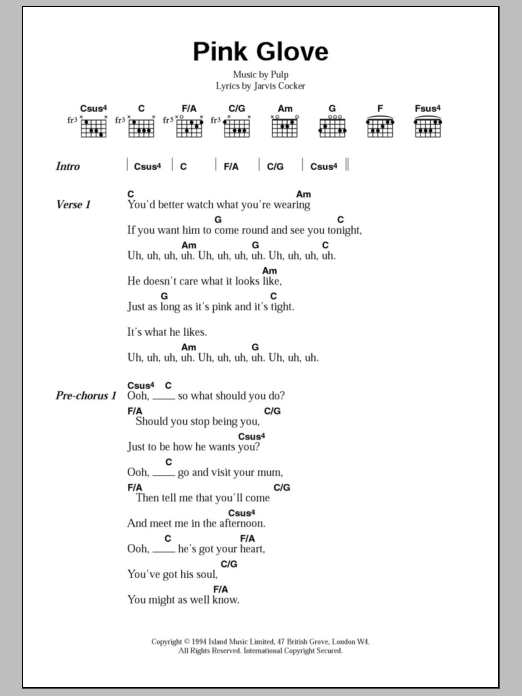 Pulp Pink Glove sheet music notes and chords. Download Printable PDF.