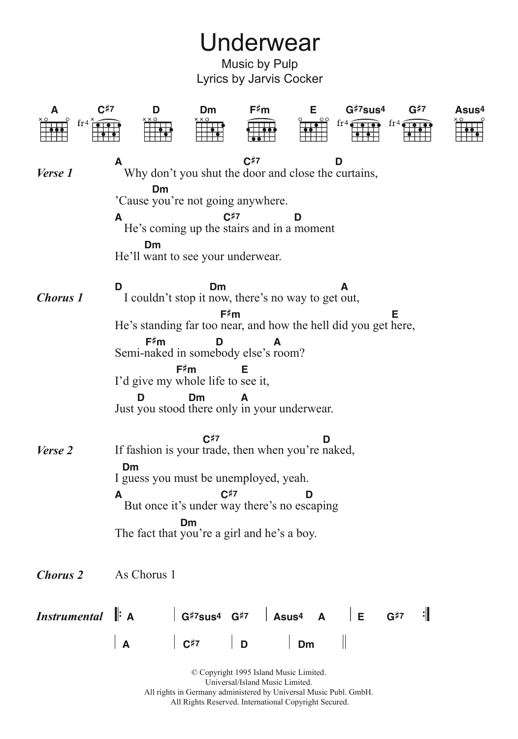 Pulp Underwear sheet music notes and chords. Download Printable PDF.