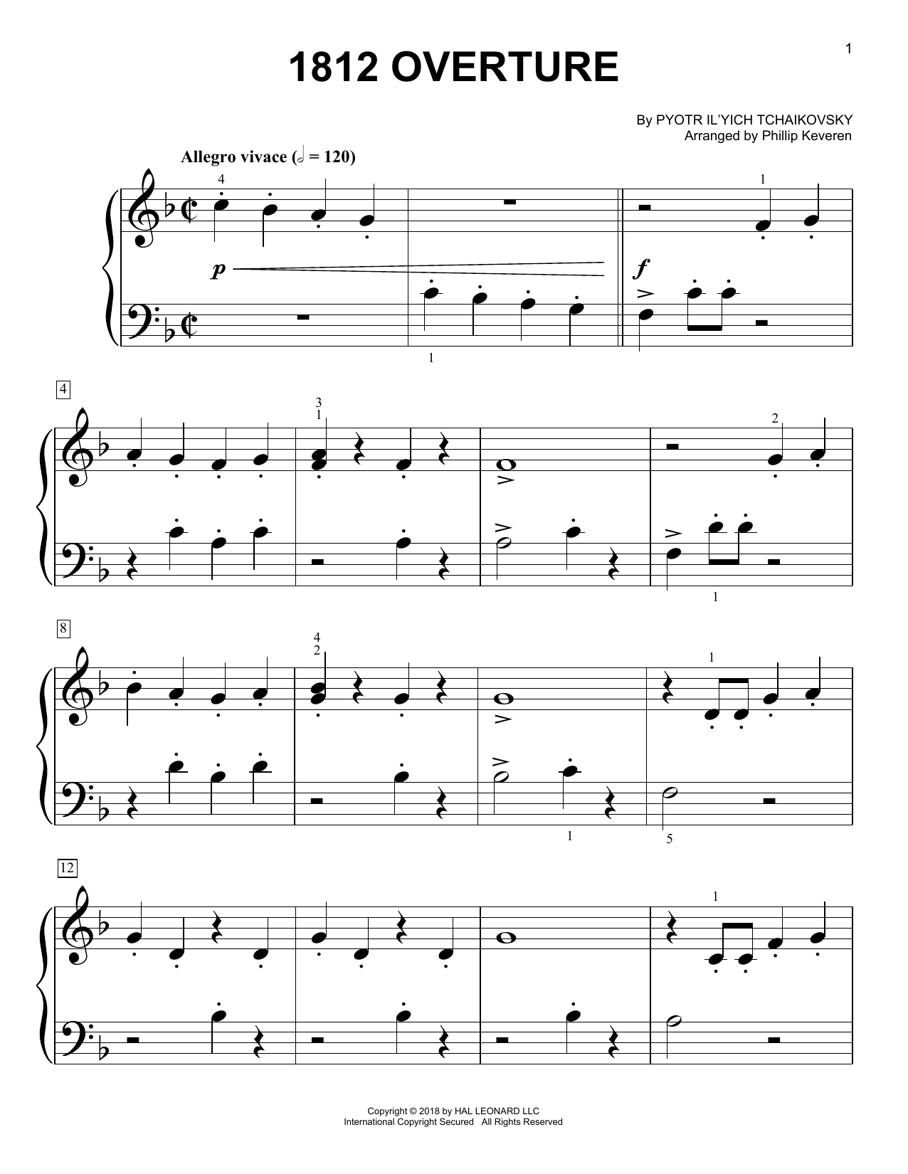 Learn to play Phillip Keveren 1812 Overture sheet music for Big Note Piano in minutes. Price: 6.9900$ Phillip Keveren 1812 Overture sheet music notes and chords arranged for Big Note Piano
