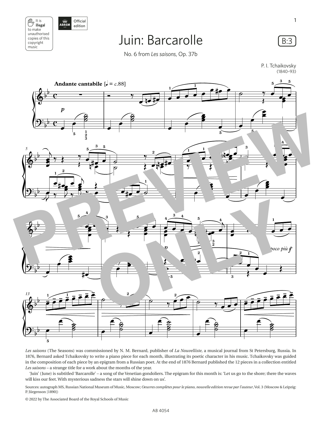 Learn to play Pyotr Il'yich Tchaikovsky Juin: Barcarolle (Grade 8, list B3, from the ABRSM Piano Syllabus 2023 & 2024) sheet music for Piano Solo in minutes. Price: 6.7900$ Pyotr Il'yich Tchaikovsky Juin: Barcarolle (Grade 8, list B3, from the ABRSM Piano Syllabus 2023 & 2024) sheet music notes and chords arranged for Piano Solo
