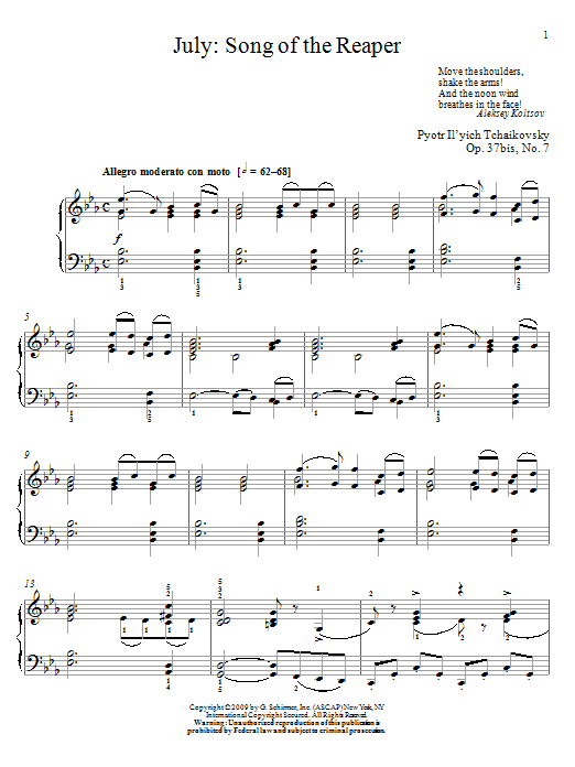 Pyotr Ilyich Tchaikovsky Song Of The Reaper sheet music notes and chords. Download Printable PDF.