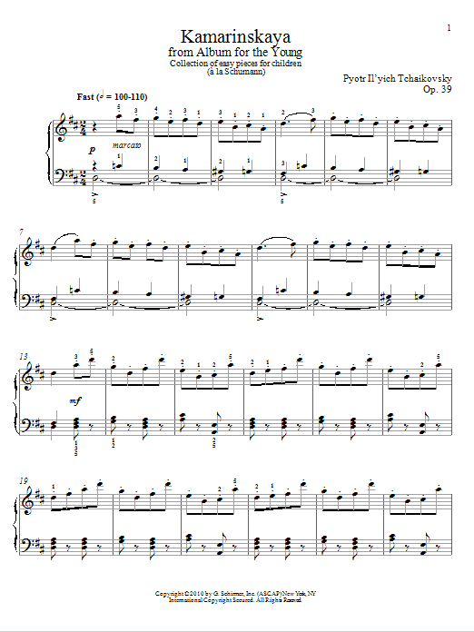 Pyotr Ilyich Tchaikovsky Kamarinskaya sheet music notes and chords arranged for Piano Solo