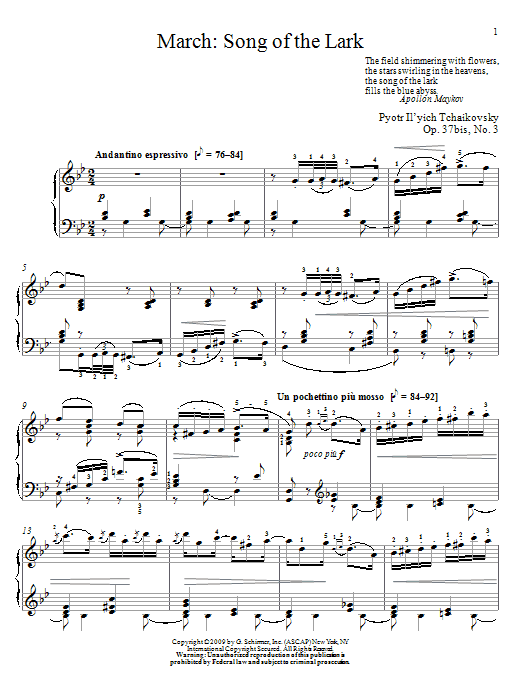 Pyotr Ilyich Tchaikovsky Song Of The Lark sheet music notes and chords arranged for Piano Solo