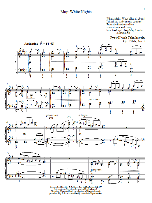 Pyotr Ilyich Tchaikovsky White Nights sheet music notes and chords arranged for Piano Solo