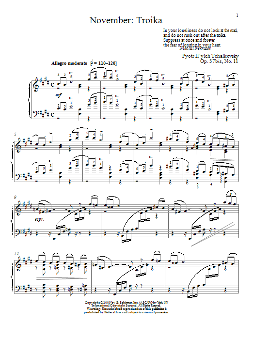 Pyotr Ilyich Tchaikovsky Troika sheet music notes and chords arranged for Piano Solo