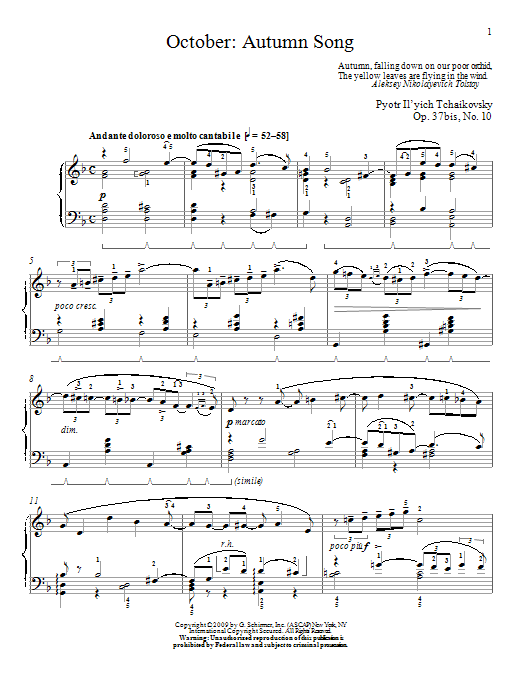 Pyotr Il'yich Tchaikovsky October: Autumn Song sheet music notes and chords. Download Printable PDF.