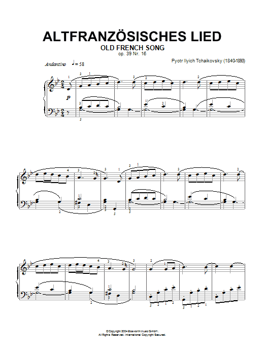 Pyotr Ilyich Tchaikovsky Old French Song, Op. 39, No. 16 (from Album For The Young) sheet music notes and chords arranged for Piano Solo