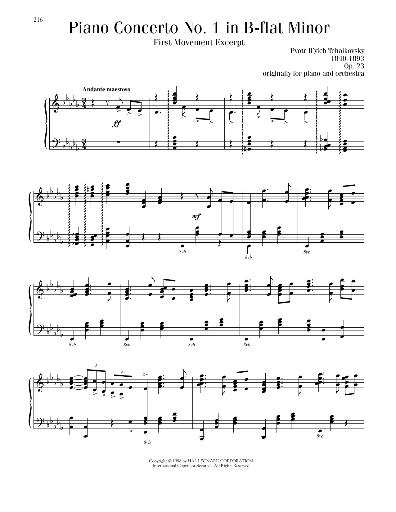 Pyotr Il'yich Tchaikovsky Piano Concerto No. 1 In B-Flat Minor, Op. 23, First Movement Excerpt sheet music notes and chords. Download Printable PDF.