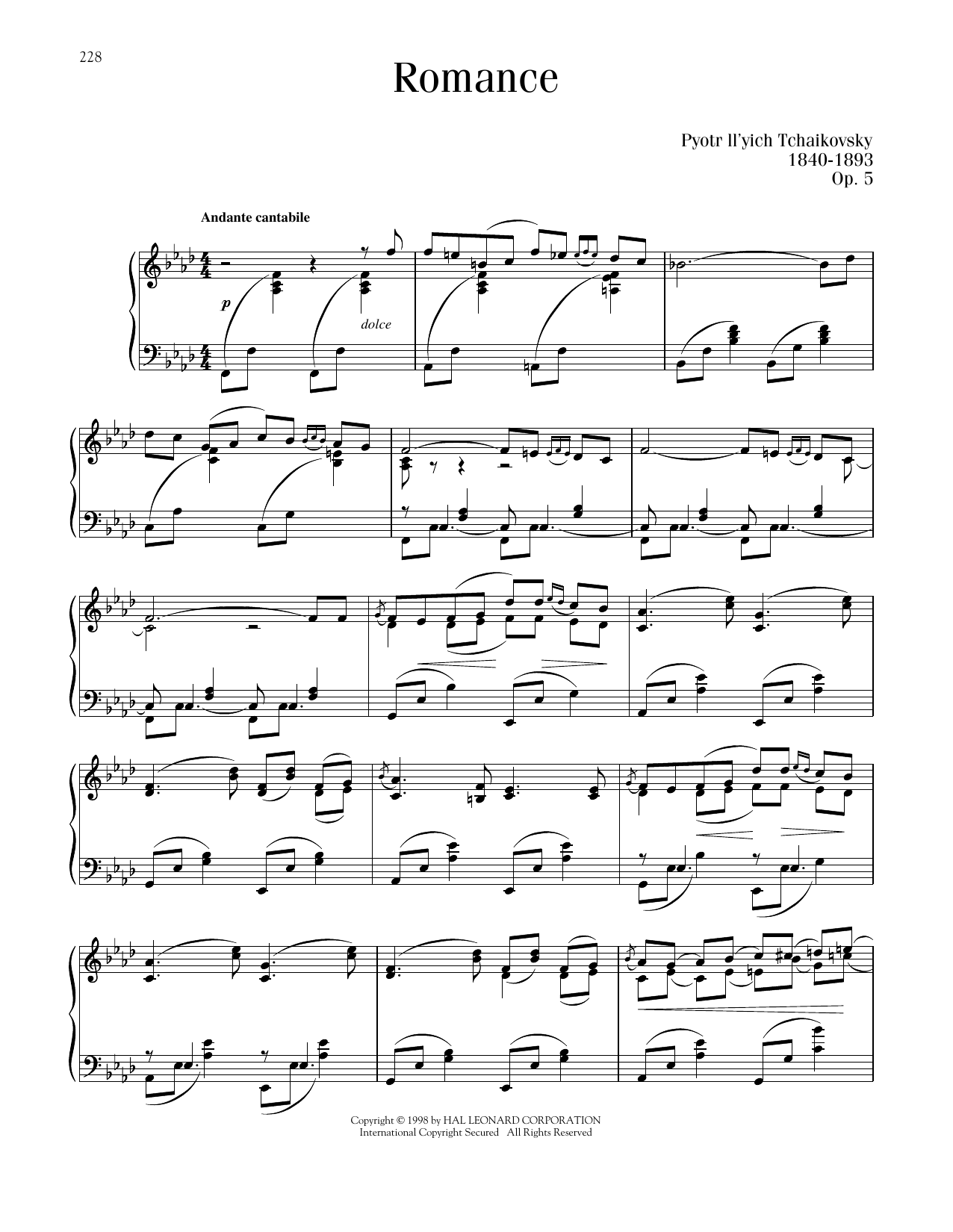 Pyotr Il'yich Tchaikovsky Romance, Op. 5 sheet music notes and chords arranged for Piano Solo