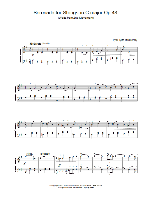 Pyotr Ilyich Tchaikovsky Serenade for Strings in C major Op.48 sheet music notes and chords arranged for Piano Solo