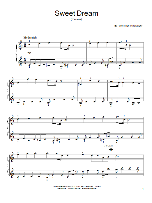 Learn to play Pyotr Ilyich Tchaikovsky Sweet Dream (Douce Reverie), Op. 39, No. 21 sheet music for Easy Piano in minutes. Price: 6.9900$ Pyotr Ilyich Tchaikovsky Sweet Dream (Douce Reverie), Op. 39, No. 21 sheet music notes and chords arranged for Easy Piano