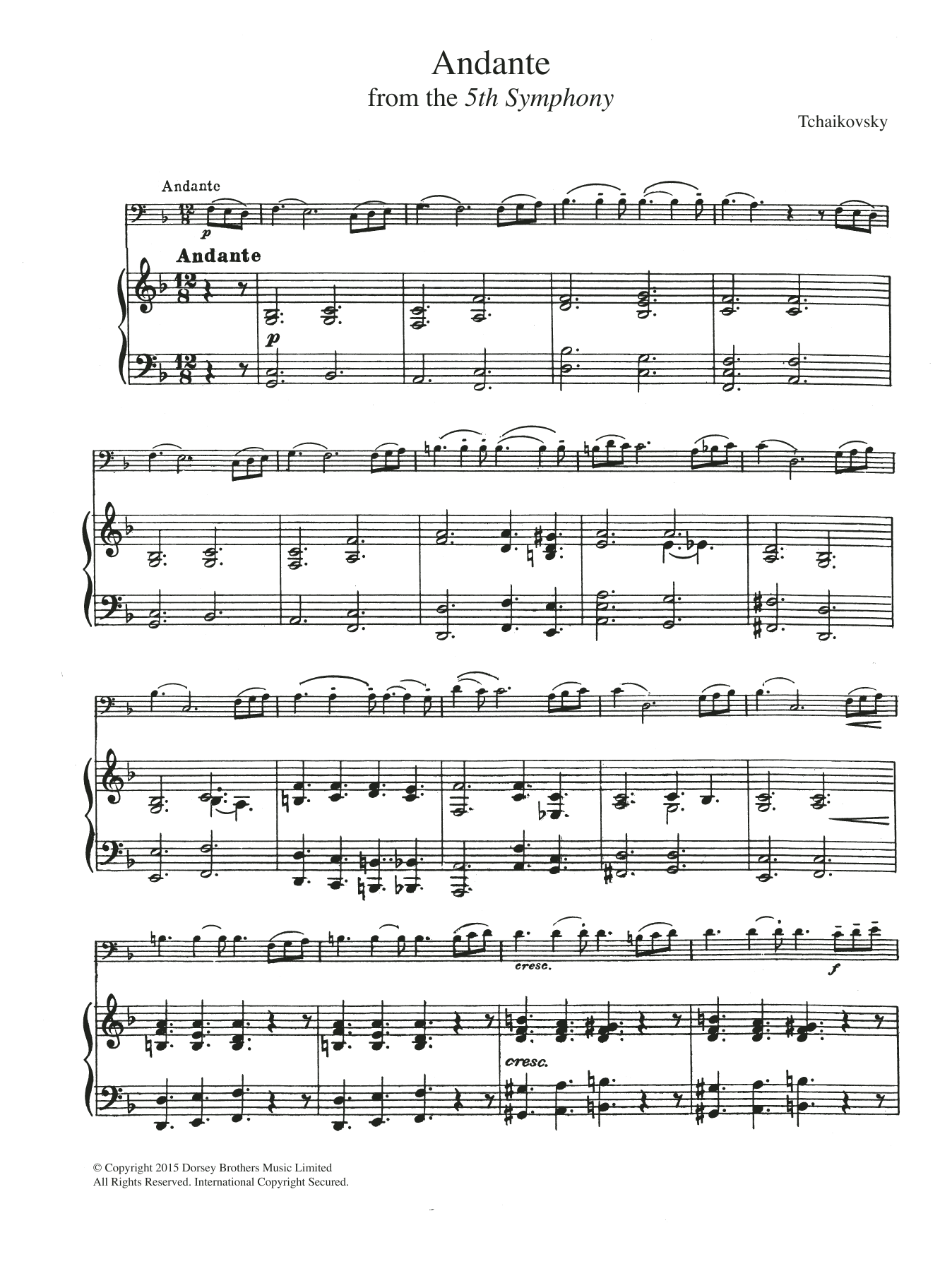 Pyotr Ilyich Tchaikovsky Symphony No.5 (2nd Movement: Andante) sheet music notes and chords. Download Printable PDF.