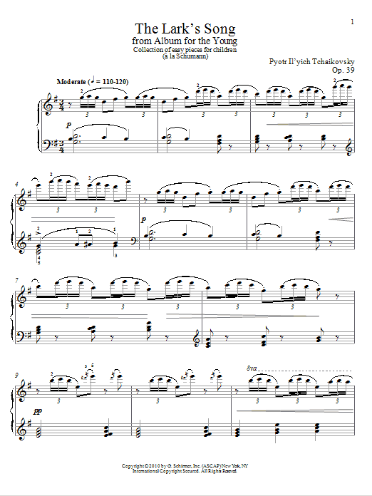 Pyotr Ilyich Tchaikovsky The Lark's Song sheet music notes and chords arranged for Piano Solo