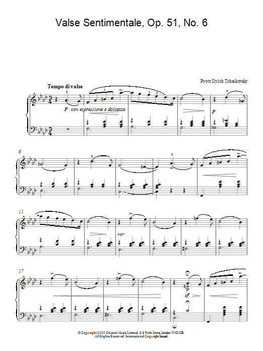 Pyotr Ilyich Tchaikovsky Valse Sentimentale, Op. 51, No. 6 sheet music notes and chords arranged for Piano Solo