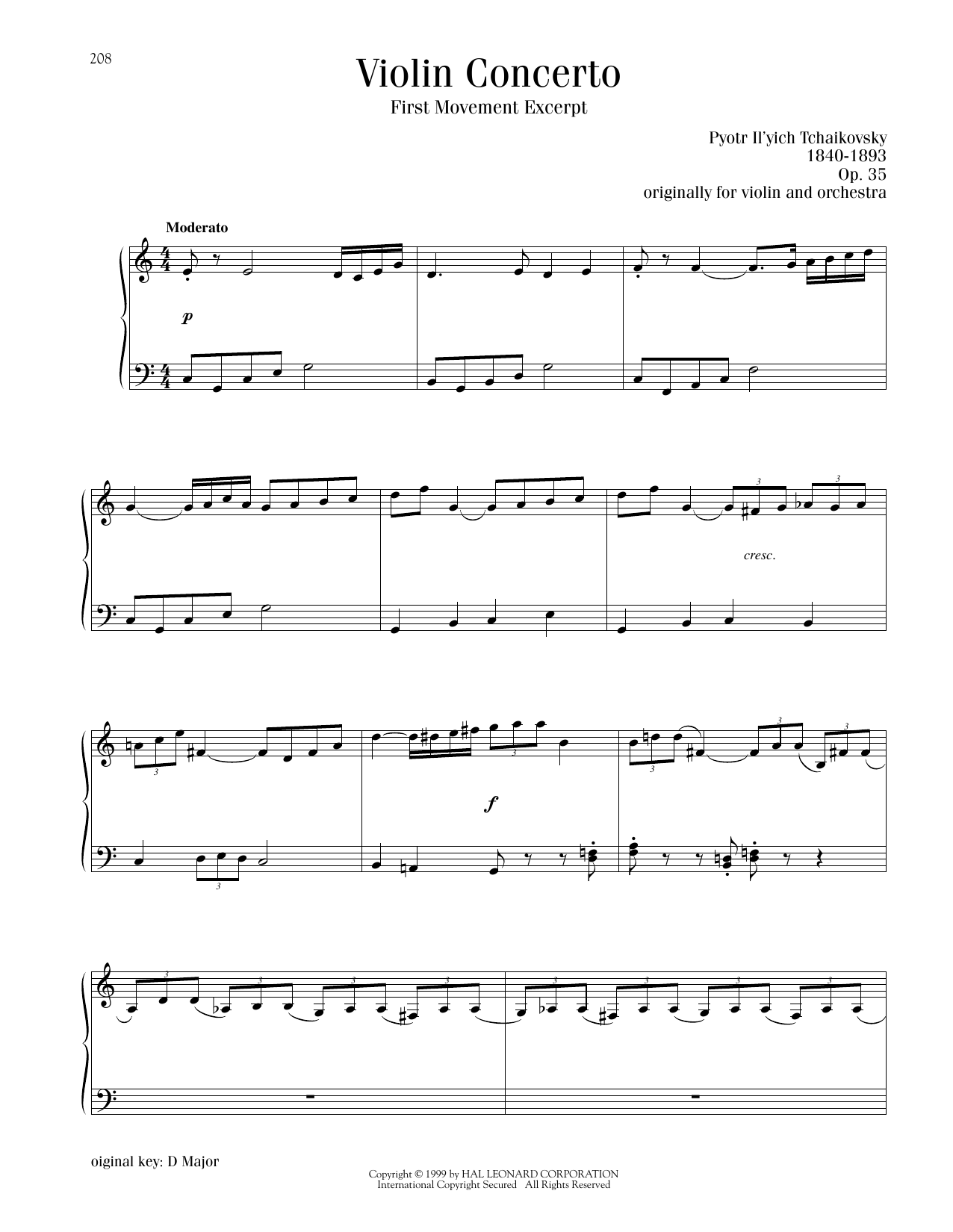 Pyotr Il'yich Tchaikovsky Violin Concerto in D Major, Op. 35, First Movement Excerpt sheet music notes and chords. Download Printable PDF.