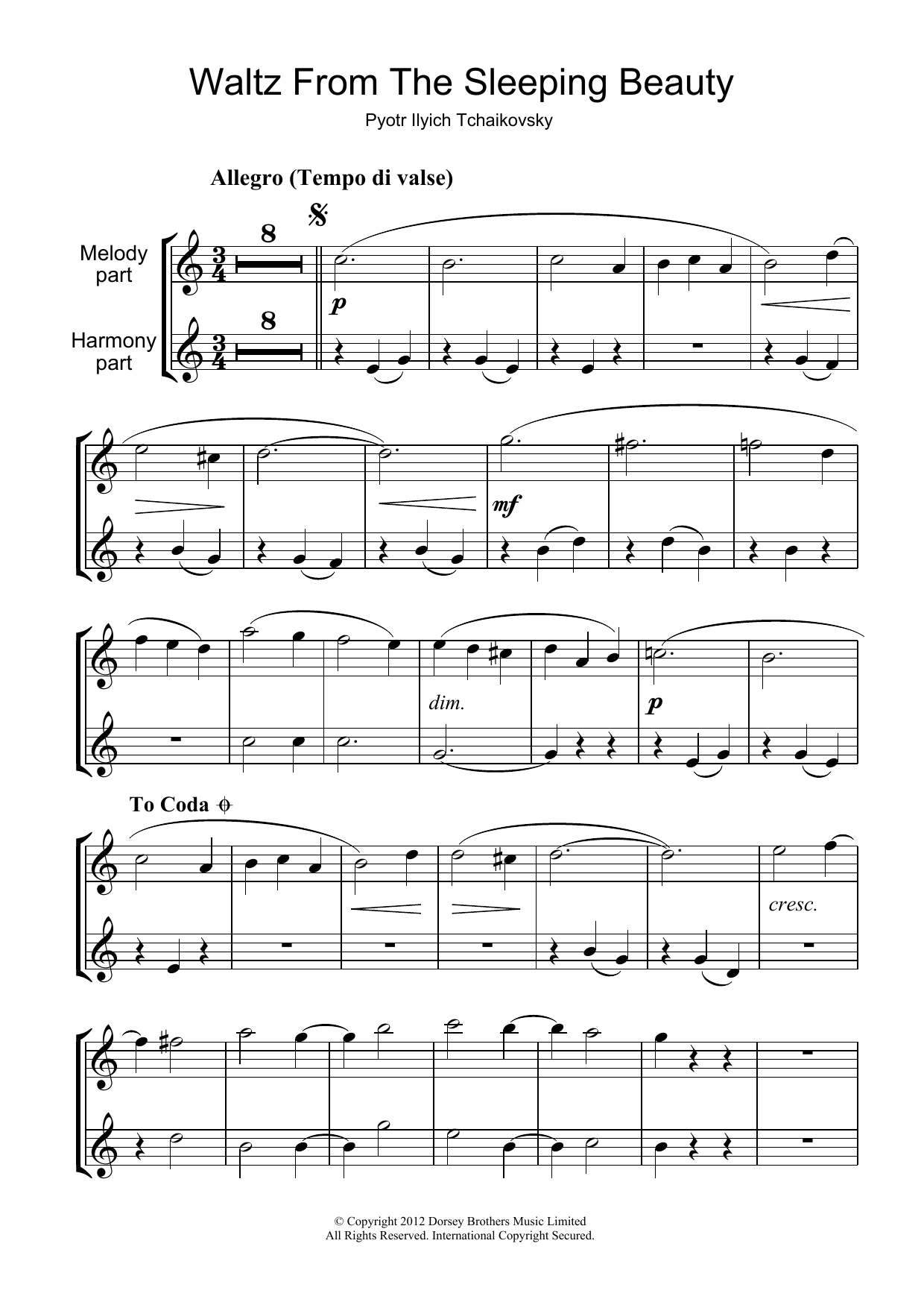 Pyotr Ilyich Tchaikovsky Waltz (from The Sleeping Beauty) sheet music notes and chords. Download Printable PDF.