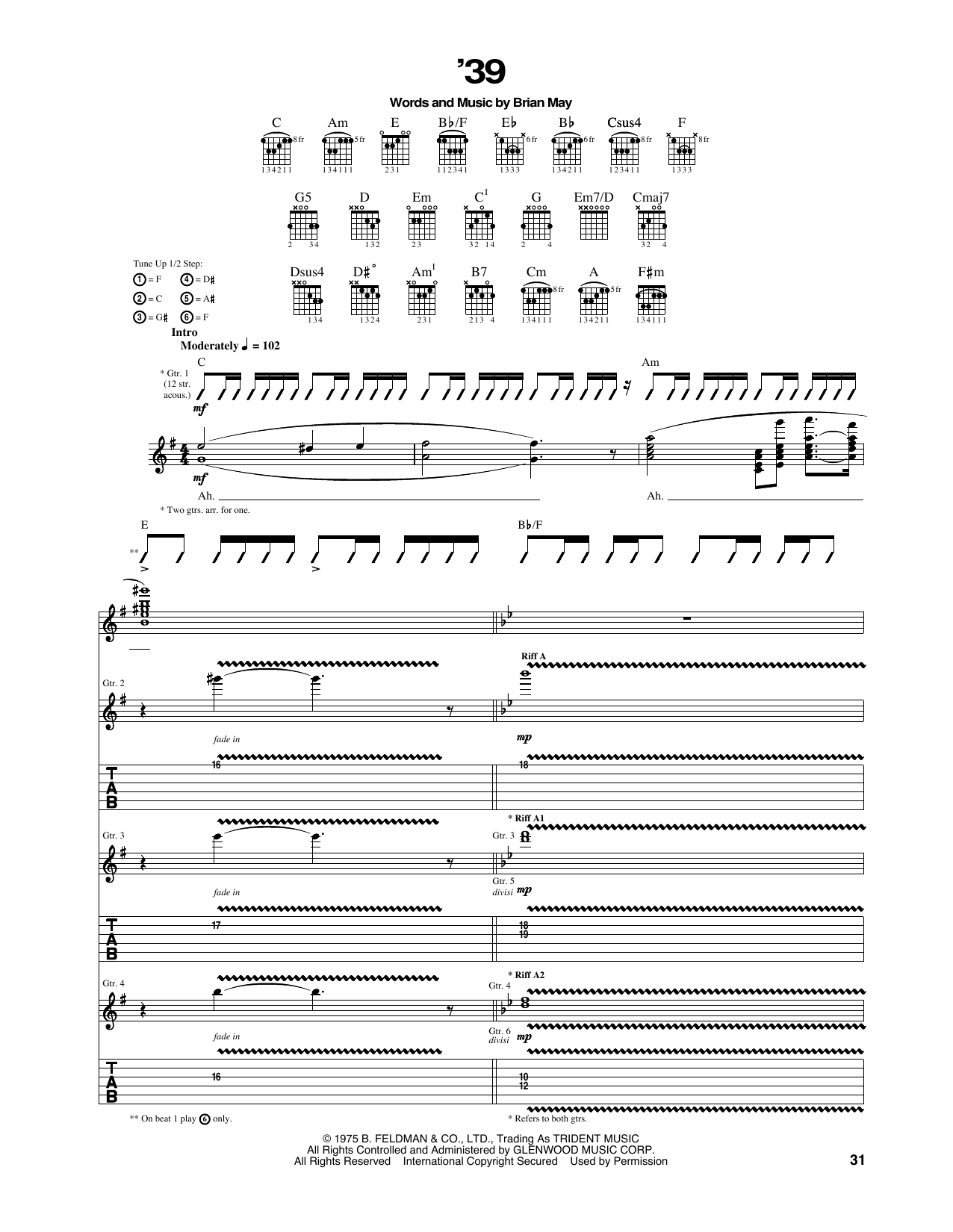 Queen '39 sheet music notes and chords arranged for Guitar Chords/Lyrics