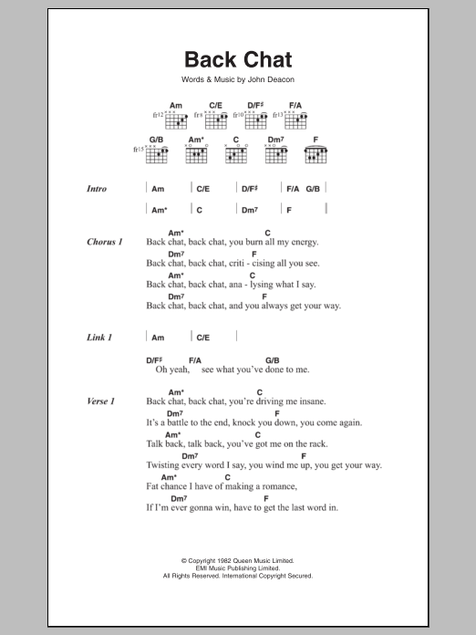 Queen Back Chat sheet music notes and chords. Download Printable PDF.