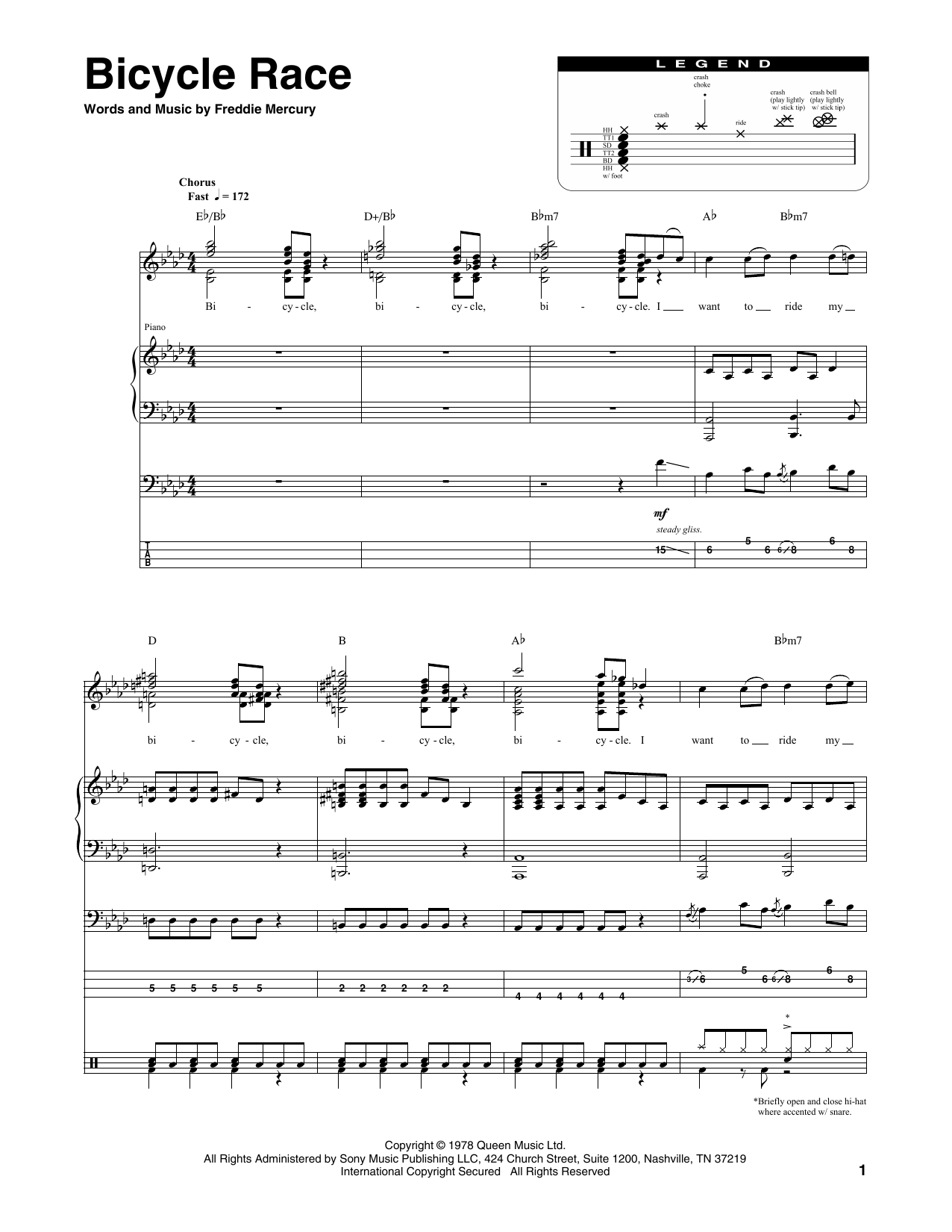 Queen Bicycle Race sheet music notes and chords. Download Printable PDF.