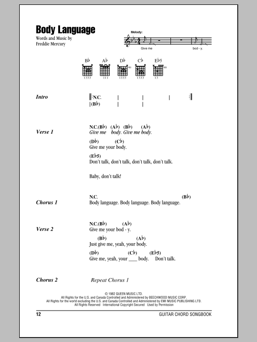 Queen Body Language sheet music notes and chords. Download Printable PDF.