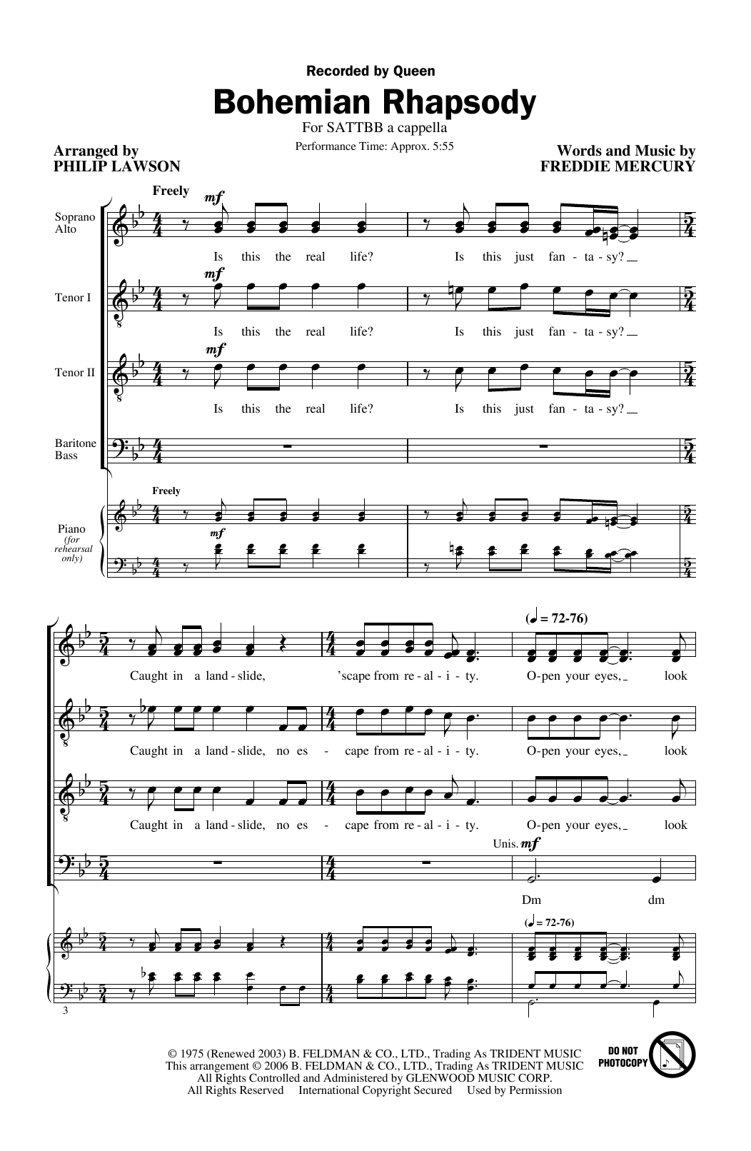 Queen Bohemian Rhapsody (arr. Philip Lawson) sheet music notes and chords. Download Printable PDF.