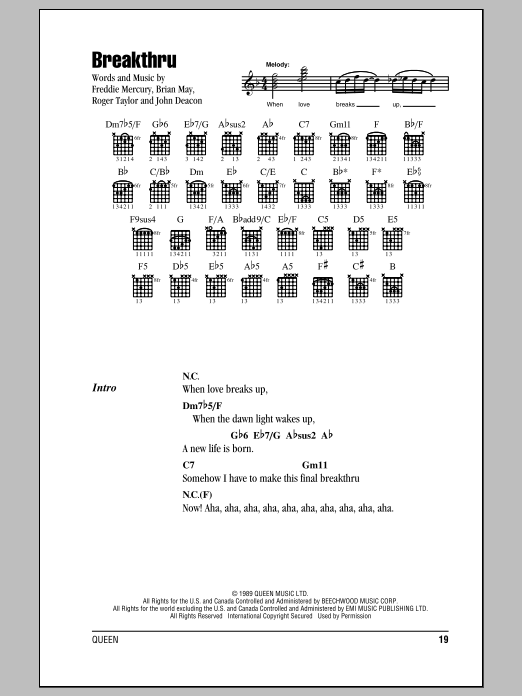 Queen Breakthru sheet music notes and chords. Download Printable PDF.