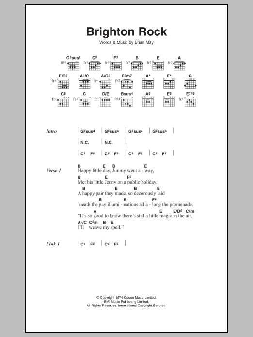 Queen Brighton Rock sheet music notes and chords. Download Printable PDF.