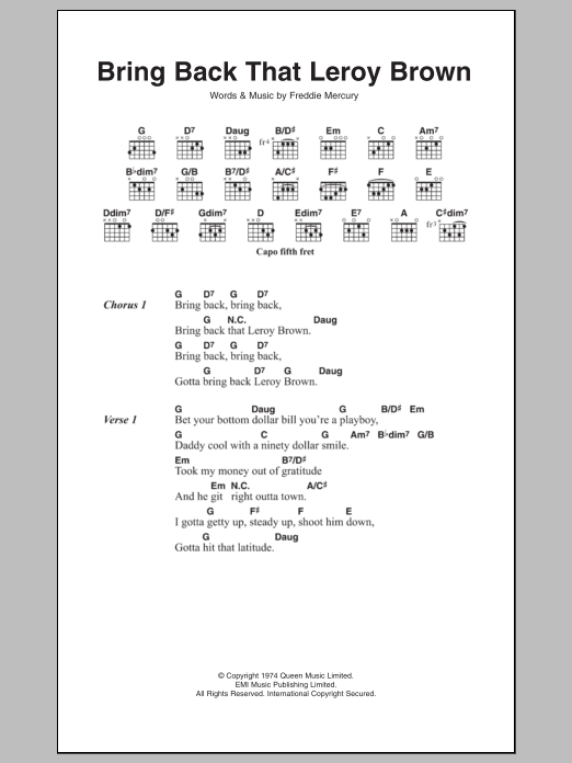 Queen Bring Back That Leroy Brown sheet music notes and chords. Download Printable PDF.