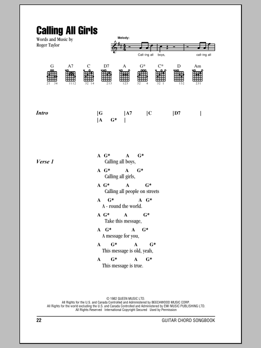 Queen Calling All Girls sheet music notes and chords. Download Printable PDF.