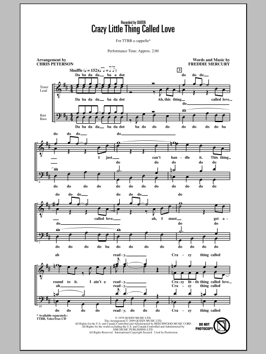 Queen Crazy Little Thing Called Love (arr. Chris Peterson) sheet music notes and chords. Download Printable PDF.