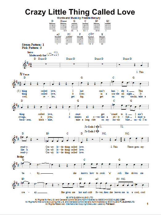 Queen Crazy Little Thing Called Love sheet music notes and chords arranged for Big Note Piano