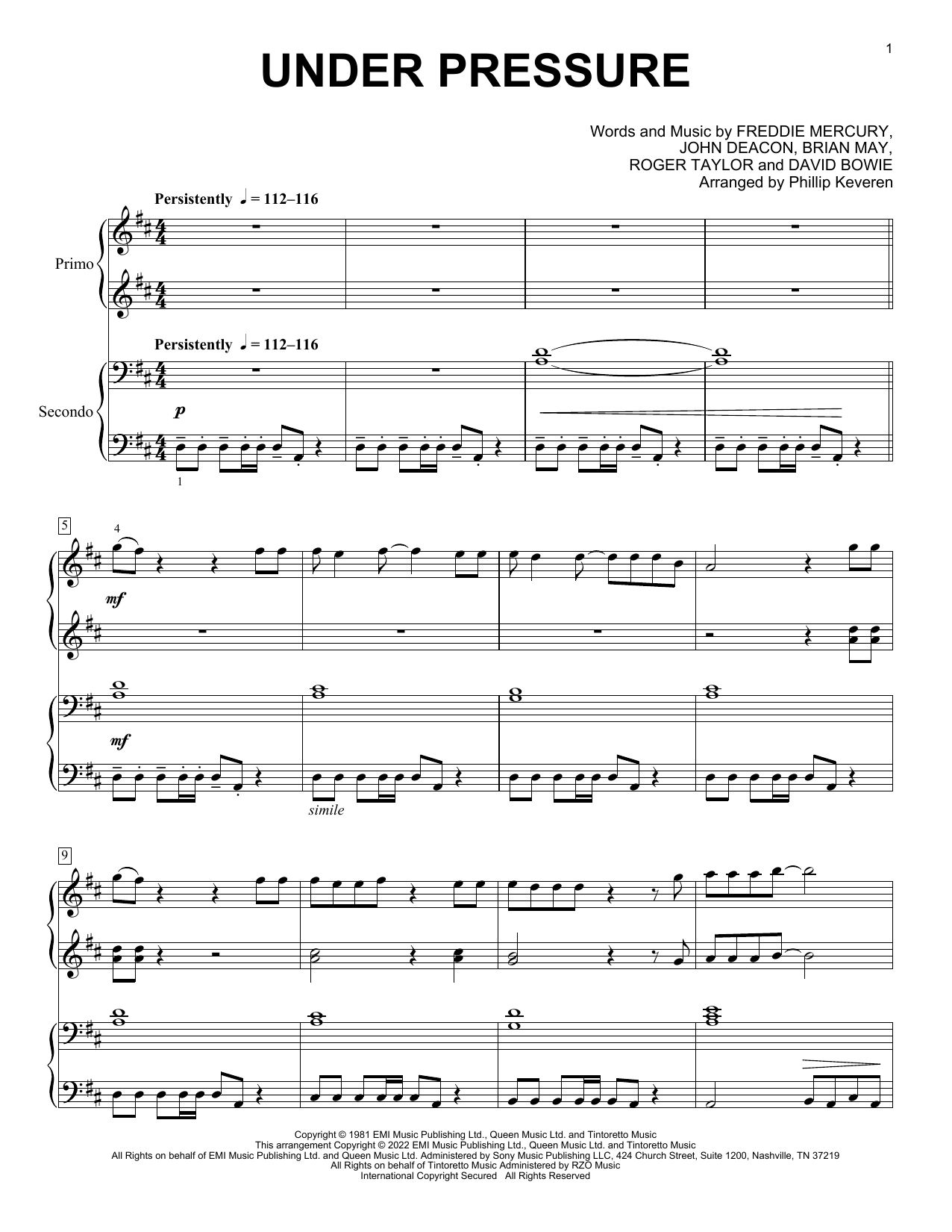 Queen & David Bowie Under Pressure (arr. Phillip Keveren) sheet music notes and chords. Download Printable PDF.