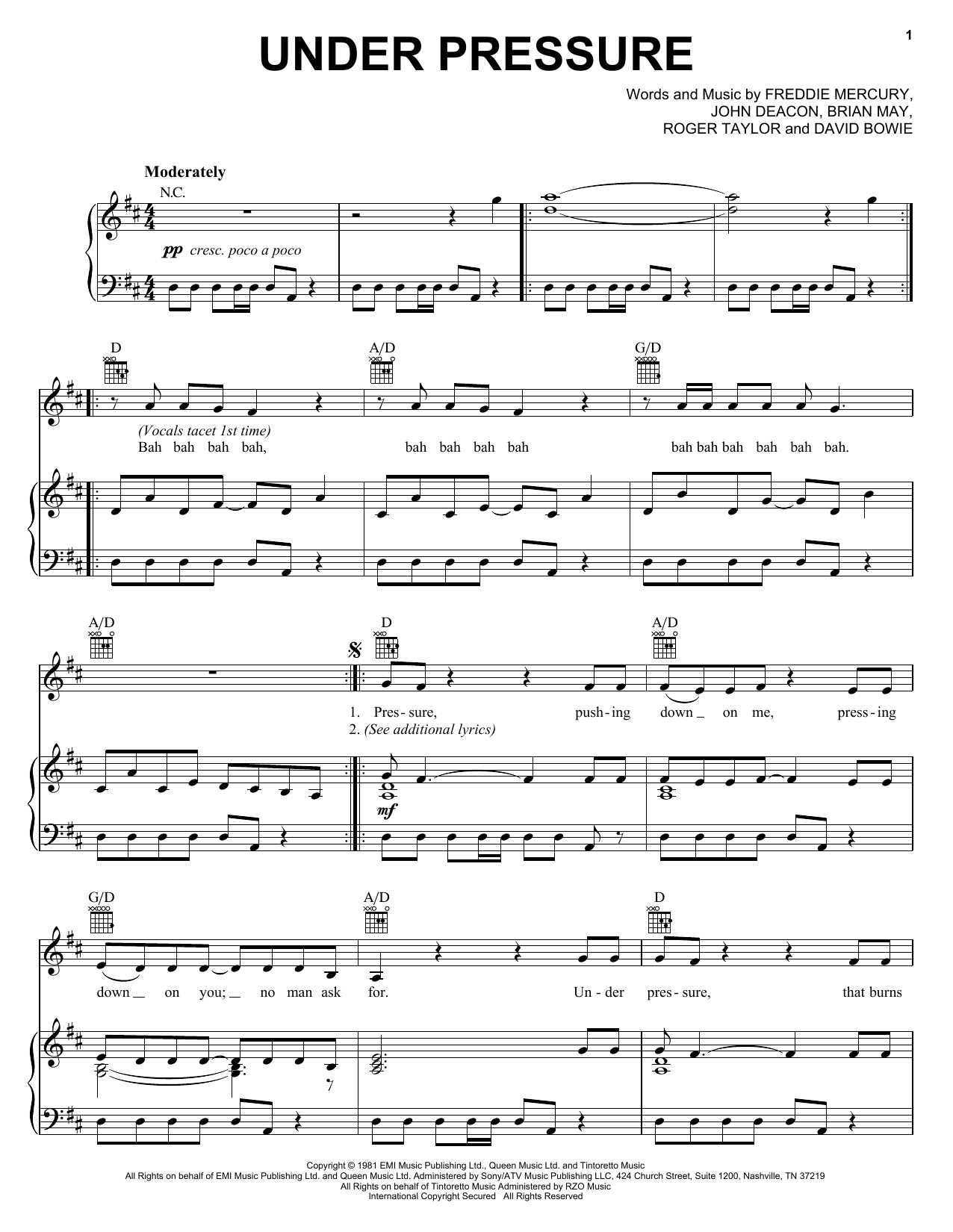 Queen & David Bowie Under Pressure sheet music notes and chords. Download Printable PDF.